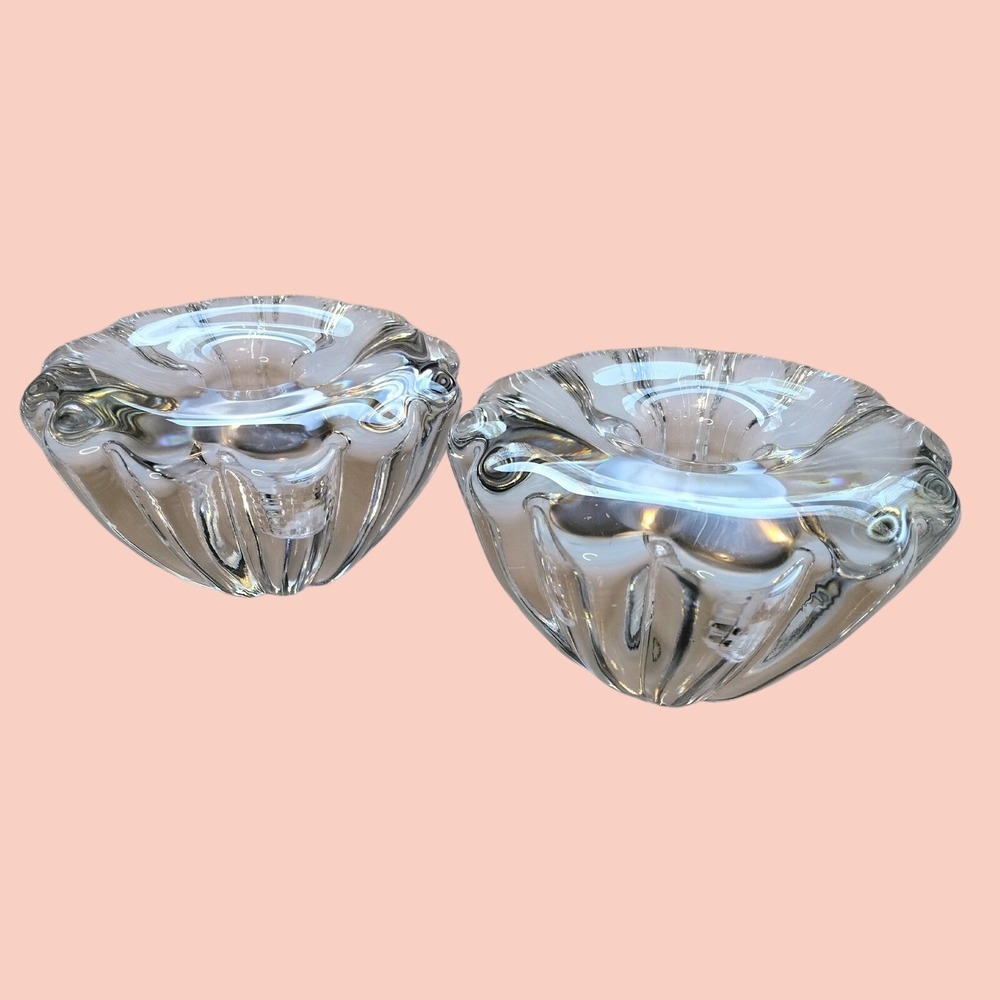 Orrefors Crystal Flower Candle Holder Set Scalloped Taper Pair Signed Heavy